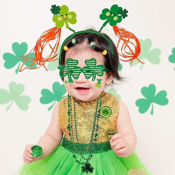 Winlyn Bulk St. Patrick's Day Novelty Jewelry Assortment St. Pat's Party Favors Supplies Shamrock Necklace Coins Head Bopper Bracelet Tattoo Mustaches Accessories for St. Patty's Day Irish Party Decor