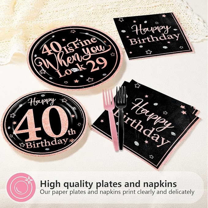 96Pcs 40th Black and Pink Birthday Party Supplies 40 Is Fine When You Look 29 Plates and Napkins Black and Pink Theme Tableware Set for Women 40th Birthday Party Decorations Serves 24