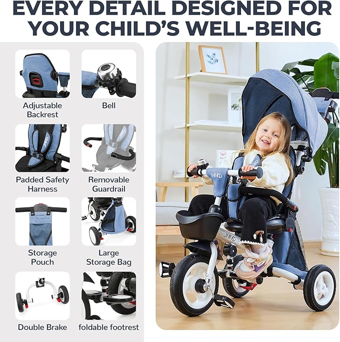 JMMD 8 in 1 Tricycle Stroller with Push Handle, Foldable Trike with 360° Swivel Seat, Reclining Backrest, All-Terrain Wheels, Dual Brakes, Canopy & Storage, Gift for Kids 18 Months to 5 Years, Blue