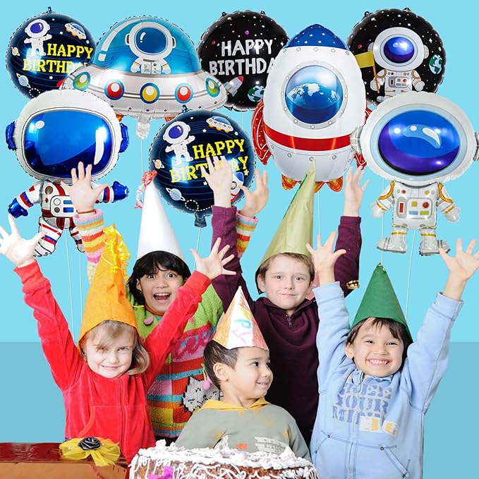 8 Pcs Space Balloons 33 Inch Astronaut Mylar Airship Planet Rocket Galaxy Foil Balloons for Outer Space Galaxy Themed Birthday Party Decorations
