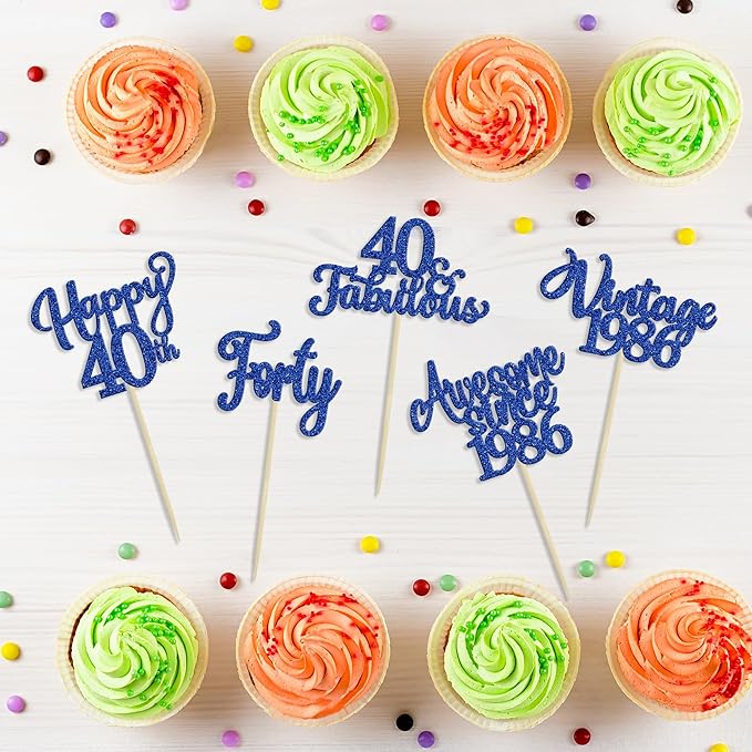 Ephlyn 30Pcs Happy 40th Birthday Cupcake Toppers Glitter Forty Vintage 1986 Cupcake Picks Cheers to 40 Fabulous Cake Decorations for 40th Birthday Wedding Anniversary Party Supplies Dark Blue
