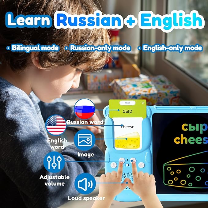 Writing Tablet with Bilingual Flashcards for Kids - Russian English Talking Flash Cards, LCD Writing Pad Board, Pocket Speech for Toddlers, Learning Toy Gift for Boys Girls (Russian, Blue)
