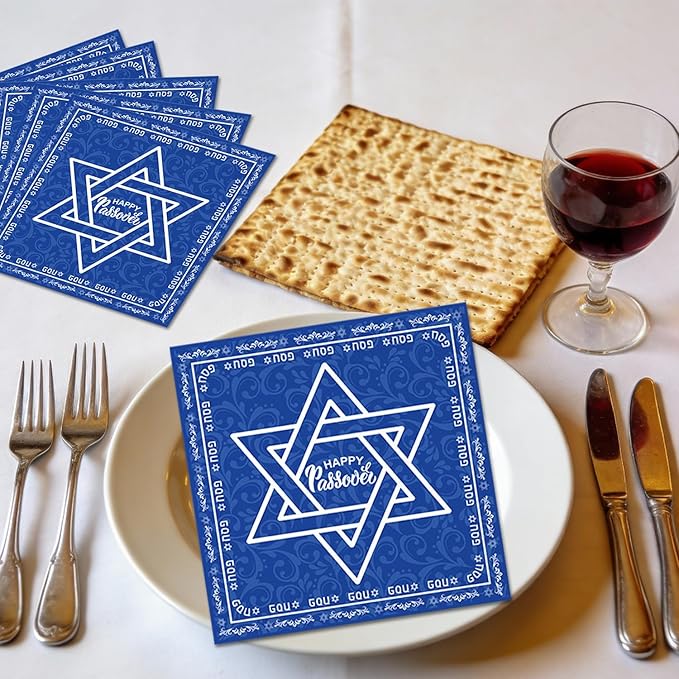 50Pcs Happy Passover Party Napkins Passover Seder Party Decorations Judaica Passover Theme Party Supplies Disposable Drink Luncheon Dinner Table Decor Supplies Napkins 6.5" x 6.5"