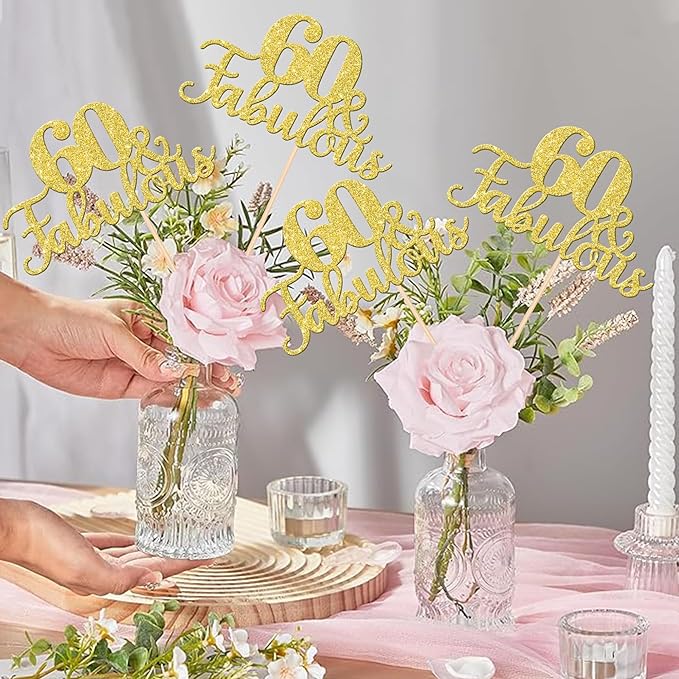 12 PCS 60 and Fabulous Centerpiece Sticks Double Sided Happy 60th Birthday Table Flower Centerpieces Sticks Cheers to 60 Floral Decorations for 60th Birthday Anniversary Party Supplies Gold