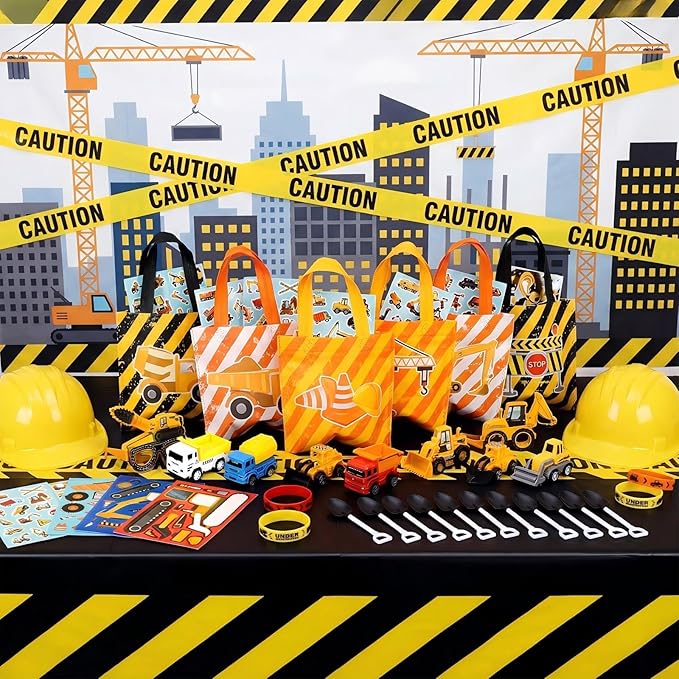 Sratte 148 Pcs Construction Birthday Party Supplies Include 12 Construction Hat, 24 Truck Toy, 24 Vehicle Sticker, 12 Silicone Bracelet, 12 Goodie Bag, 12 Paper Glasses, 50 Shovel, 1 Tablecloth 1 Tape