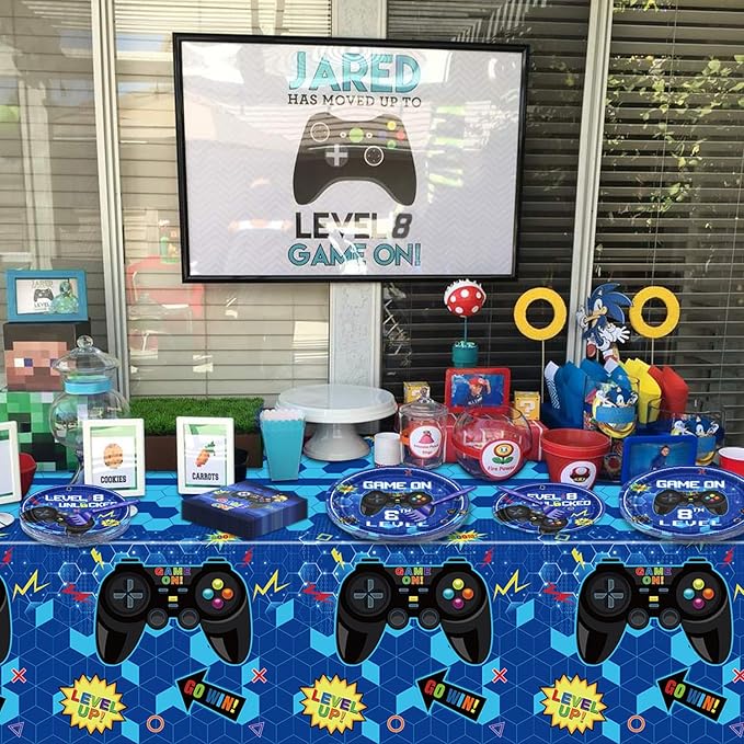 81 Pcs Video Game Party Supplies - 8th Birthday Video Game Party Decor Dinner Plates Napkins Video Game Tablecloth Forks Gaming Party Pack for Kid Boy 8th Birthday Party, Serves 20 (8th)