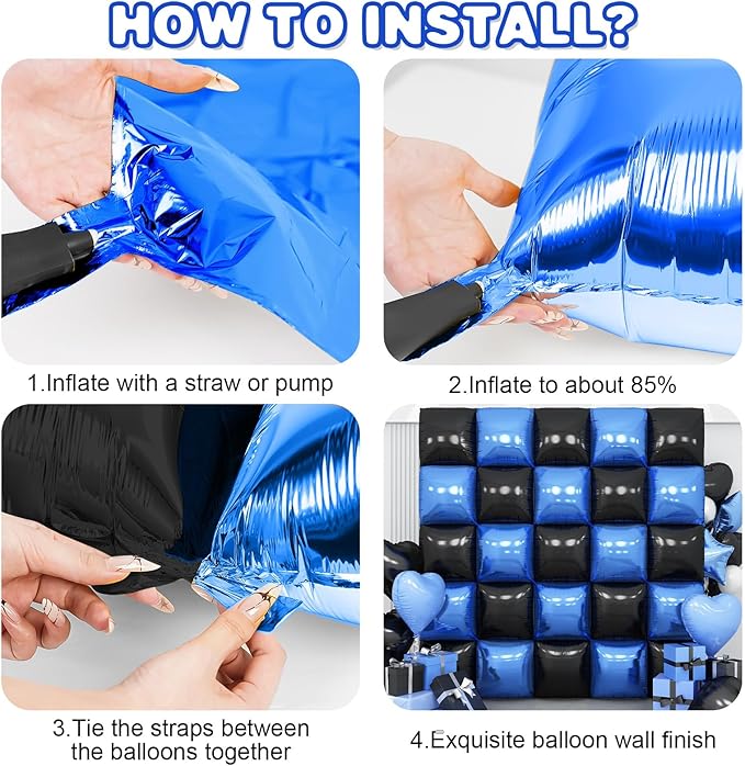 Black Blue Square Foil Balloon Wall,25Pcs Double Sided Foil Balloons Backdrop Helium Polyester Tunnel Arch Garland Kit for Birthday Bridal Anniversary Baby Shower Party Decorations