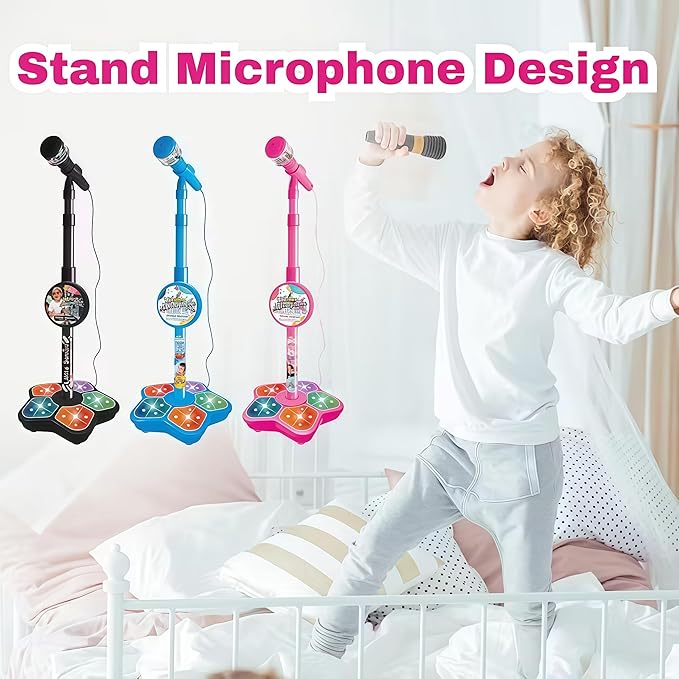 2026 New All-in-One Microphone Toy for Kids with Stand, Got Built-in Music, Colorful Lights, Echo Effects, Portable Karaoke Machine for Singing, Music Play, Fun and Easy-to-Use (Blue)