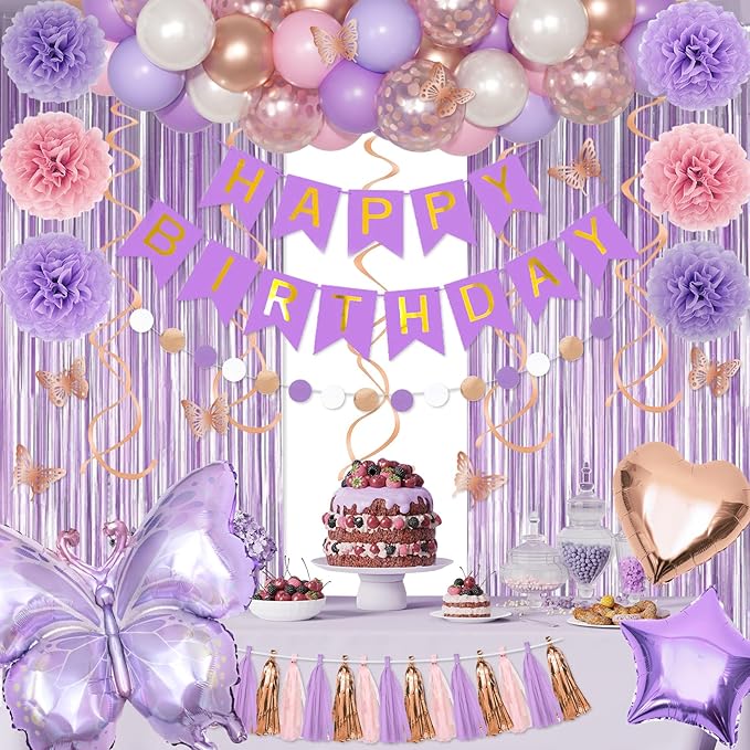 Purple Pink Birthday Party Decorations, Butterfly Confetti Rose Gold Lavender Balloons Happy Birthday Banner Fringe Curtains Hanging Swirls Circle Dots Tassels Pompoms for Women Girls Party Supplies