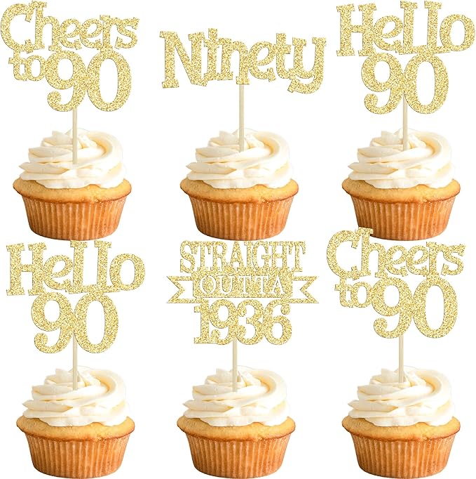 Ephlyn 24Pcs Happy 90th Birthday Cupcake Toppers Glitter Straight Outta 1936 Cupcake Picks Hello 90 Cheers to 90 Years Birthday Cake Decorations for 90th Birthday Anniversary Party Supplies Gold