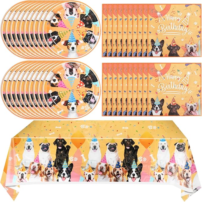 41pcs Dog Theme Tableware Set - Puppy Plates, Napkins, Tablecloth for Girls Birthday - Paw Print Party Favors Kit