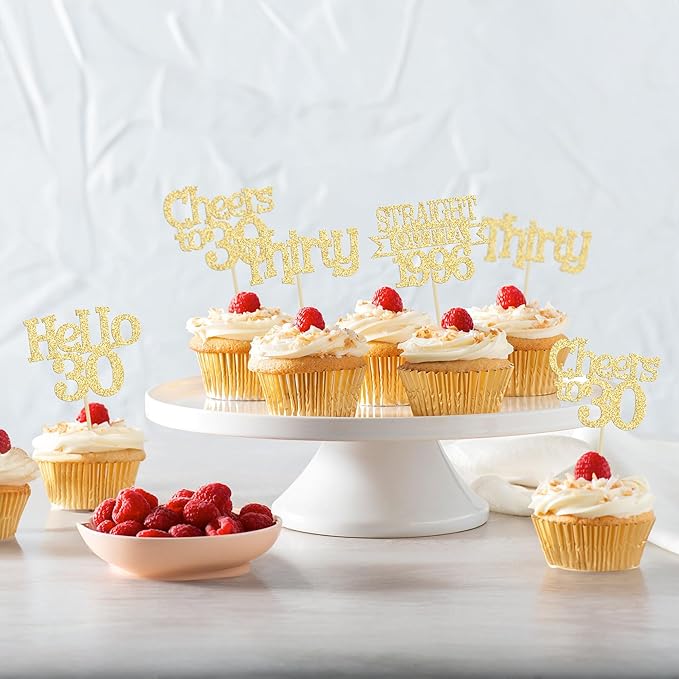 Ephlyn 24Pcs Happy 30th Birthday Cupcake Toppers Glitter Thirty Cupcake Picks Hello 30 Cheers to 30 Years Cake Decorations for 30th Birthday Anniversary Party Decorations Supplies Gold