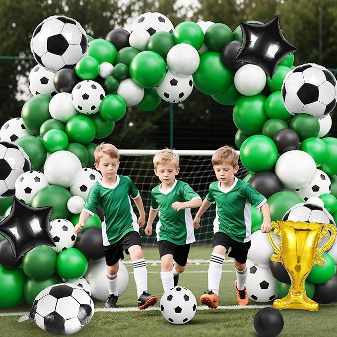 Soccer Party Decorations, 113Pcs 12 10 5 inch Soccer Balloons Garland Arch Kit Green White Black Balloons for Boys Soccer Sports Theme Birthday Party Decorations