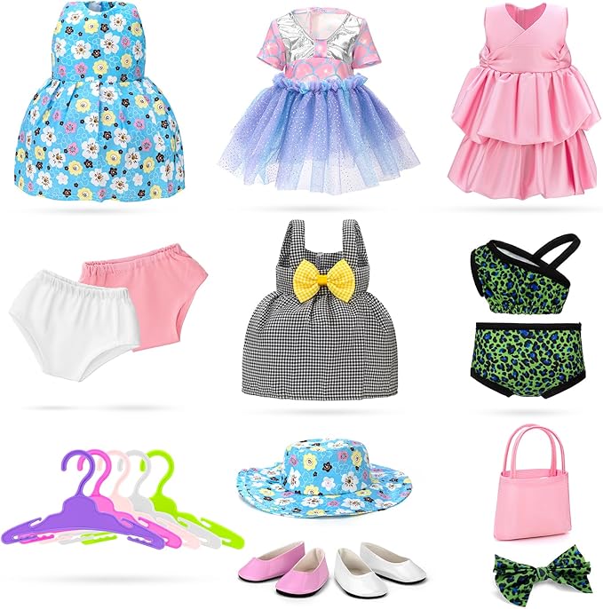 18 inch Doll Clothes and Accessories for American 18 Inch Dolls Girl Clothing Gift, 18Pcs Complete Set Clothing with Outfits, Dress, Shoes, Swimsuit, Underwear, Hat, Handbag, Clothes Hangers