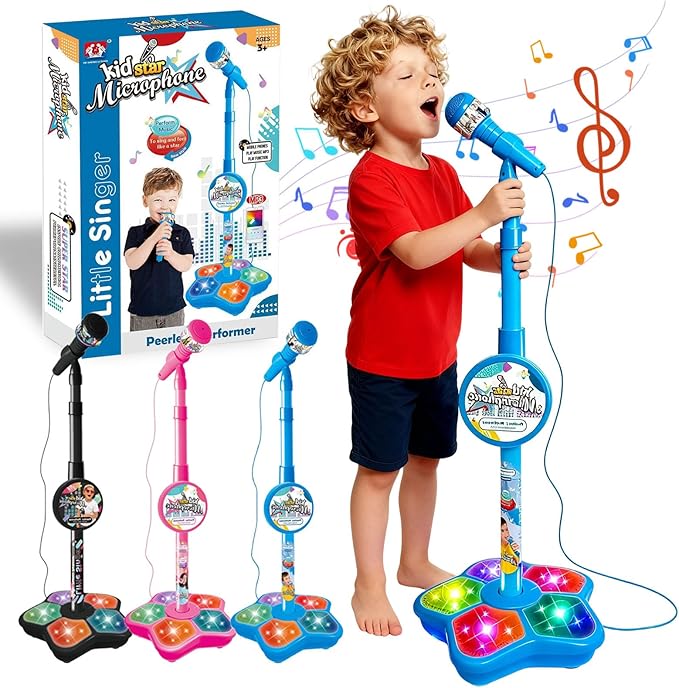 The All-in-One Microphone Toy, Kids Microphone with Stand Adjustable, Speaker & Led Lights, Fun Standing Karaoke Microphone - Move to Play & Echo Effect, for Phones/MP3/Tablets, (Blue)