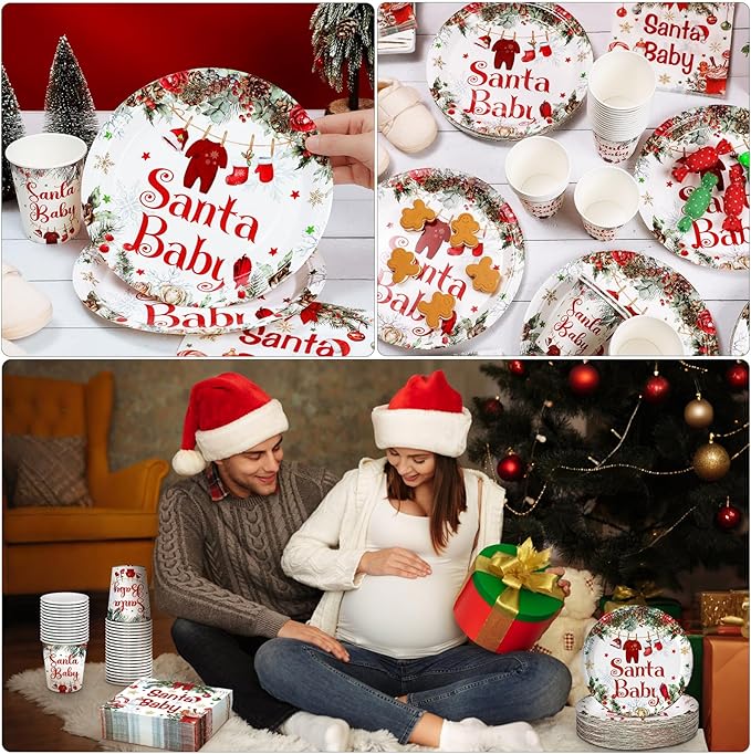 Hushee 200 Pcs Baby Shower Paper Plates Cups Napkins Party Supplies Tableware Set Disposable Cup Napkin for 50 Guest Party Decoration (Green and Red,Christmas Santa Baby)