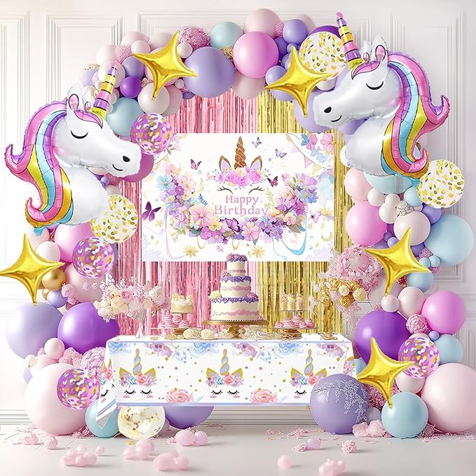 Unicorn Party Decorations Kit - 135-Piece Set with 3D Foil Balloons, Backdrop, Table Cover, Tassel Curtains & Garland Making Supplies - Pink, Rose Gold, Purple Theme (Includes Balloon Arch Kit)