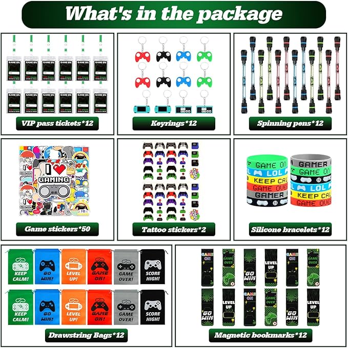 KISPATTI Video Game Party Favors, 124 PCS Gaming Birthday Party Supplies with Drawstring Bags VIP Pass Tickets Keychain Temporary Tattoo Stickers Game Theme Goodie Bag for Kids Gamer