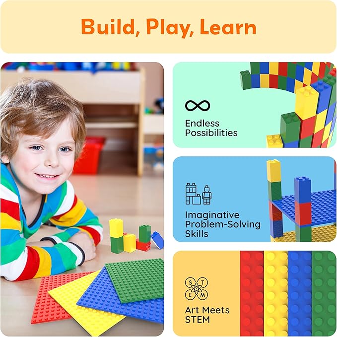 PicassoTiles Building Blocks Classic Brick 28PC Stackable Platform Foundation Base Plate Multi Color Set for Build Block Bricks Compatible with All Major Brands STEM Construction Kit Kids Age 3+ PBS03