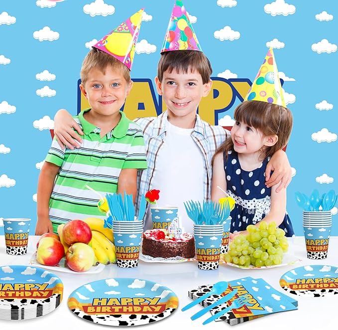 175Pcs Cartoon Birthday Party Supplies Cow Print Birthday Party Decorations Cartoon Plates and Napkins Tableware Set Blue Cloud Cow Print Party Supplies Kids 1st 2nd 3rd 4th Party Decor