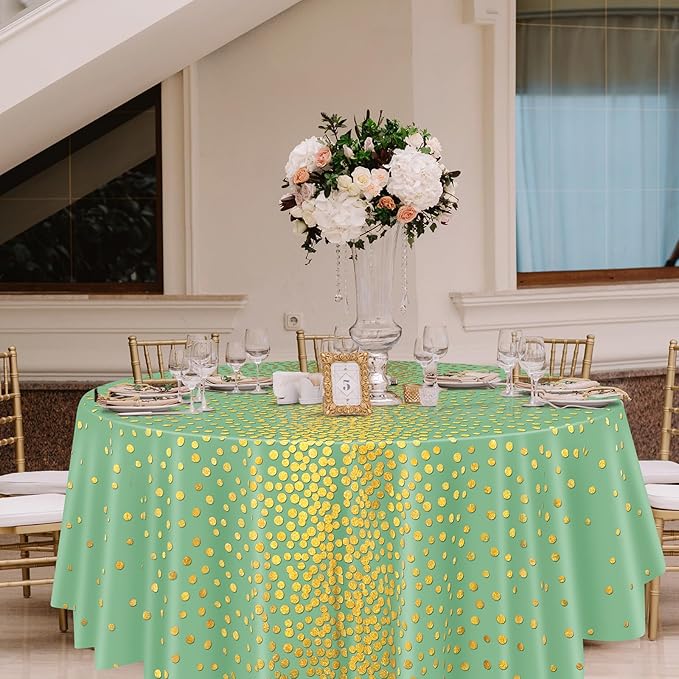 VitalCozy Round Dot Tablecloth 84 Inch Plastic Table Cover Polka Dot Confetti Tablecloths for Easter 2026 Graduation Prom Wedding Birthday Spring Party Supplies(Sage Green and Gold,3 Pcs)