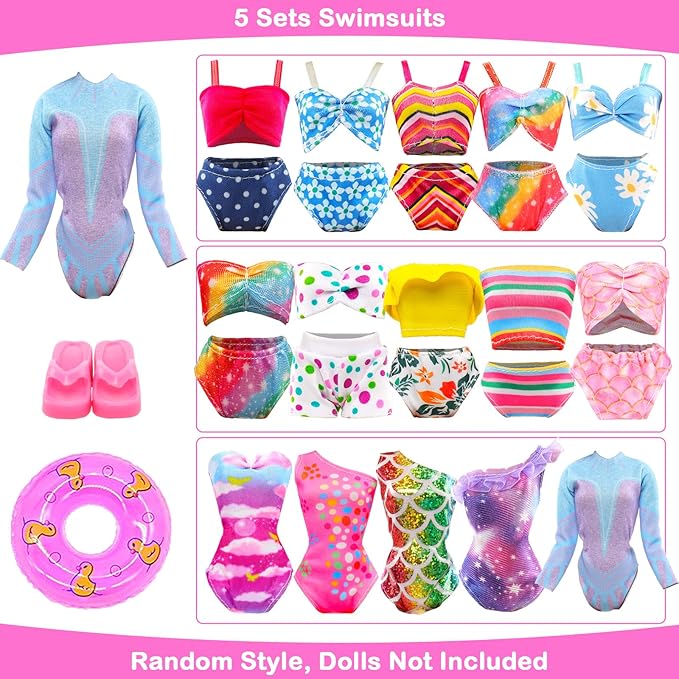 Lot 26 Pack Doll Clothes and Accessories Beach Bathing Set Including 5 Swimsuit 1 Bathrobe 2 Swimming Rings with 18 pcs Glasses Shoes Drinks for 11.5 inch Girl Dolls