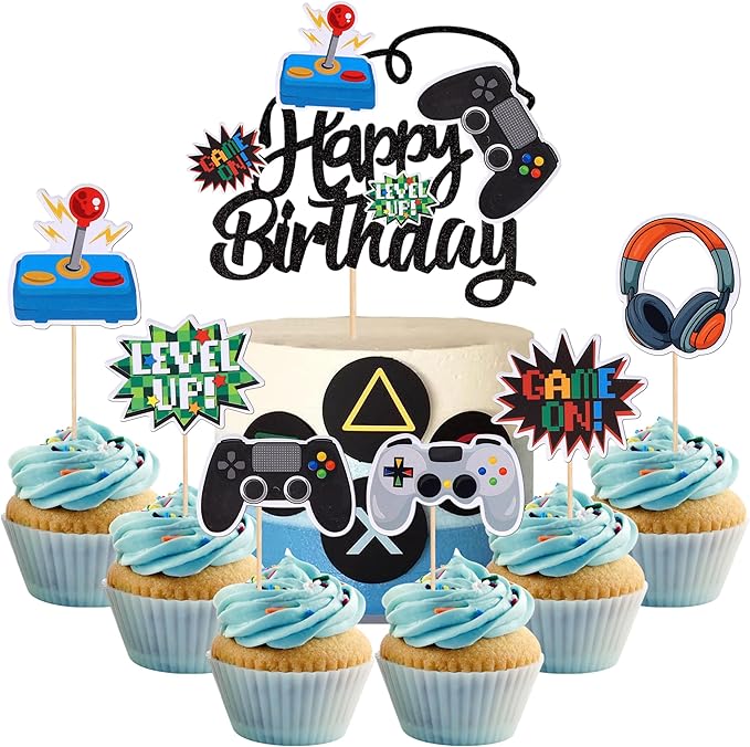 25 PCS Video Game Cupcake Toppers Video Game Happy Birthday Cake Topper Game On Controllers Cupcake Picks GamePad Cake Decorations for Game Theme Baby Shower Kids Birthday Party Supplies