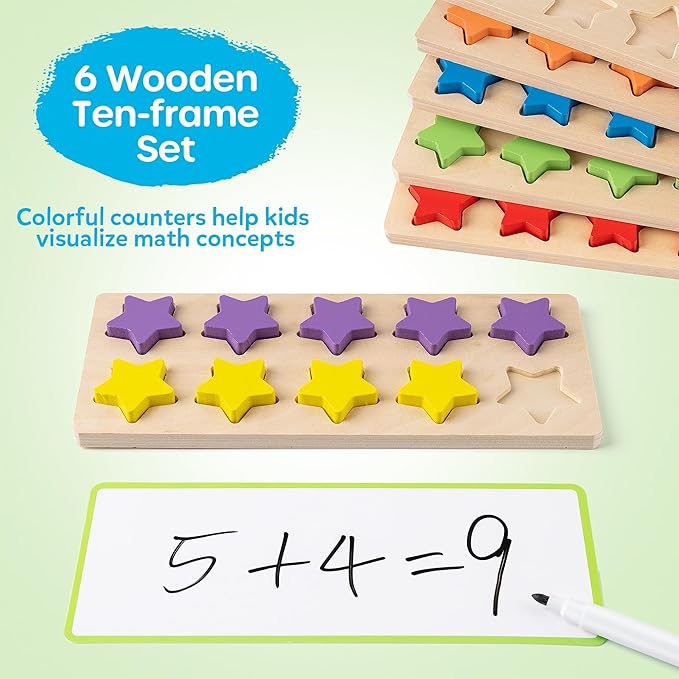 SYNARRY Wooden Ten-Frame Set Math Manipulatives for Kindergarten Classroom Elementary 1st 2nd Grade, Montessori Toys Gifts for 3-8, Addition and Subtraction Counters Math Games for Kids Ages 6-8