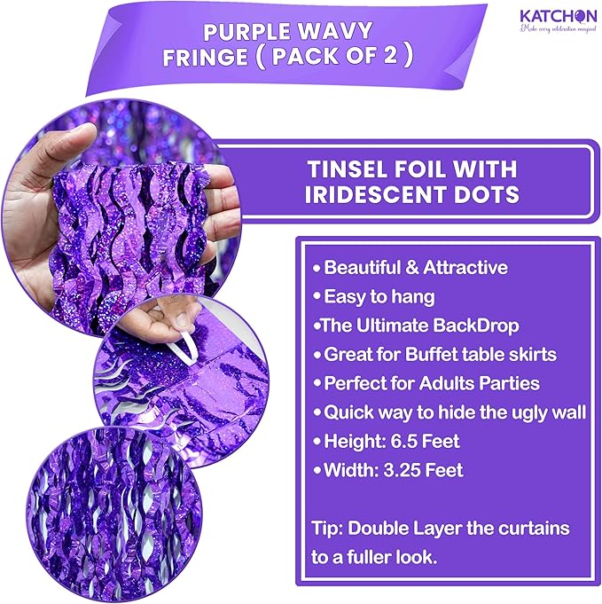 Katchon, Wavy Purple Foil Fringe Curtain - Pack of 2 | Wavy Streamers, Unicorn Party Decorations | Purple Fringe Backdrop for Baby Shower, Birthday, Mermaid Party Decoration | Ramadan Decorations
