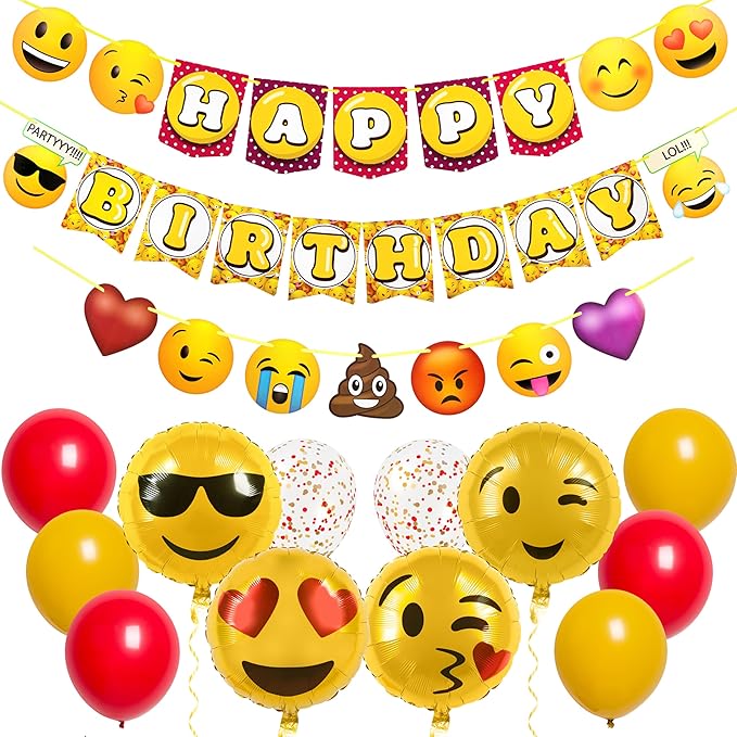 Pirese Emoticon Birthday Decorations - Smile Face Party Supplies, Happy Birthday Banner, Yellow Emoticons Decor, Poop Party Supplies