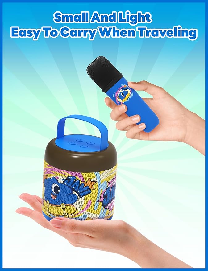 Jellie O-K Kids Wireless Karaoke Speaker with Handheld Microphone, Portable, Premium Sound, Cute Characters, Fun for The Whole Family. (Blue)