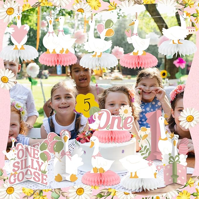 12 Pcs One Silly Goose Birthday Decoration Girls Honeycomb Centerpieces Pink White Silly Goose Table Decoration Cake Balloon Heart Flowers Table Topper for 1st Birthday Party Favor Supplie