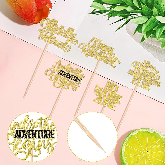 15 PCS Happy Retirement Centerpiece Sticks Officially Retired Table Flower Centerpieces Sticks No Work Zone Adventure Begins Floral Decorations for Retirement Birthday Party Centerpieces Gold