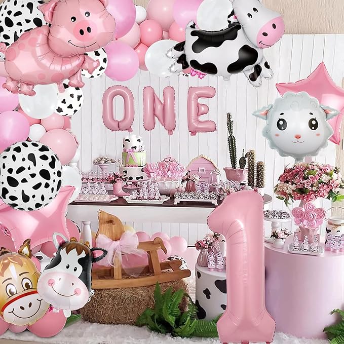 19 PCS Farm Animal Theme Party Balloons Number 1 ONE Letter Banner Balloon Farm Cow Print Sheep Pig Donkey Mylar Foil Balloons Baby Shower Boy Girl 1st Birthday Party Decor Supplies (1st)