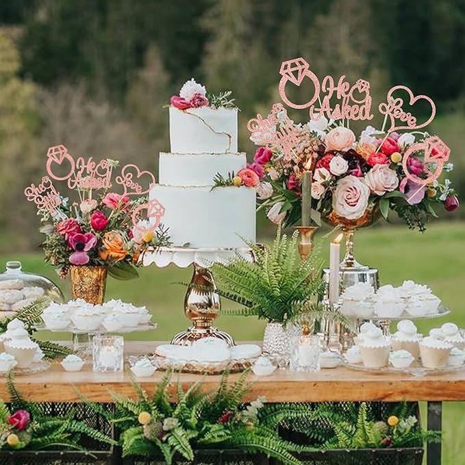 Gyufise 12Pcs Engagement Centerpiece Sticks Double Sided He Asked She Said Yes Diamond Ring Heart Table Centerpiece Sticks for Wedding Bridal Shower Party Supplies Rose Gold