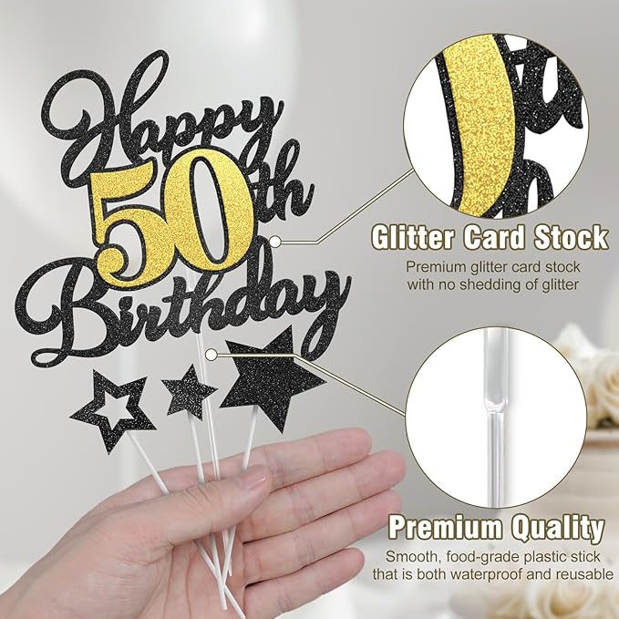 Happy 50th Birthday Cake Toppers, Black Gold Glitter Cake Decorations Set, 50th Birthday Decor for Men Women, Birthday Anniversary Party Decorations Supplies