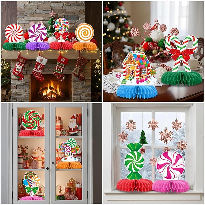 12 Pack Christmas Party Centerpieces for Tables Candy Theme Christmas Table Honeycomb Centerpieces Holiday Party Decorations Table Toppers for Xmas Festive Classroom Office Winter Decor