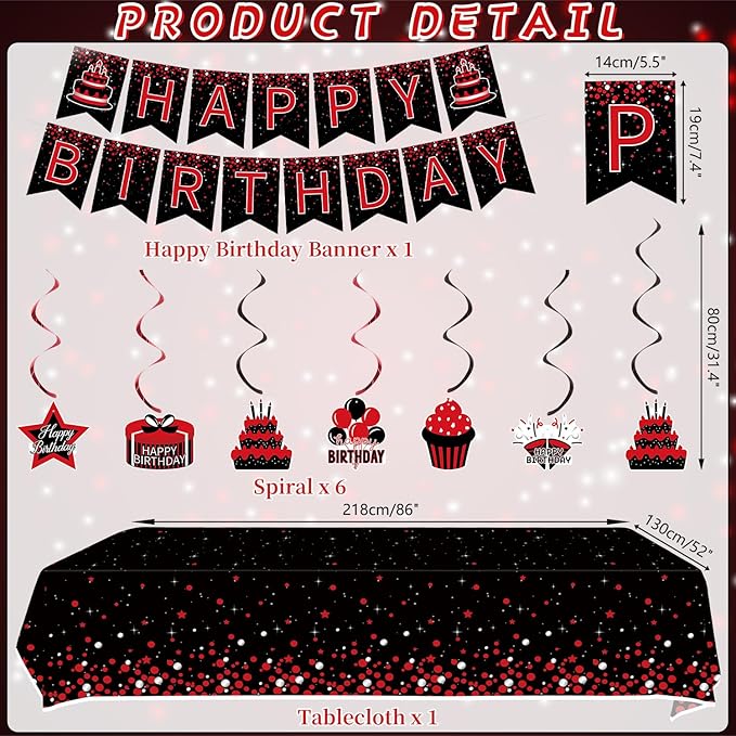KEFAN Red Black Birthday Party Decorations, Red Black Theme Party Tableware Supplies including HAPPY BIRTHDAY Banner, Plates, Cups, Napkins, Tablecloth, Balloons, Serves 20
