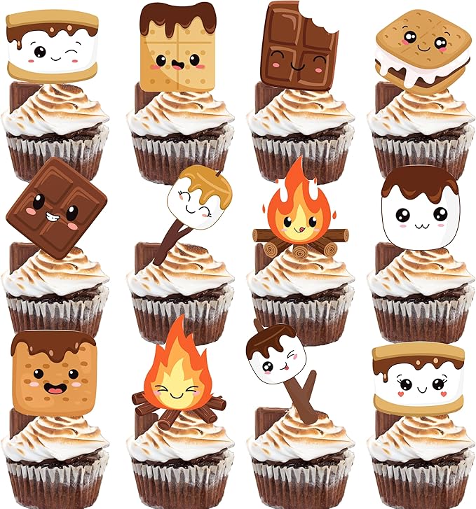 S'more Party Cupcake Toppers 48pcs S'more Birthday Party Decoration Bonfire Camping Cake Cupcake Pick Decorations for S'more Themed Camping Campfire Camper Birthday Party Supplies
