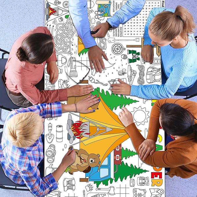 Naozinebi Camping Giant Coloring Poster for Kids Camper Summer Large Coloring Tablecloth Big Paper Sheets Page Camp Table Cloth DIY Activity Game Art Crafts Mat Wall Home Party Decoration Supplies