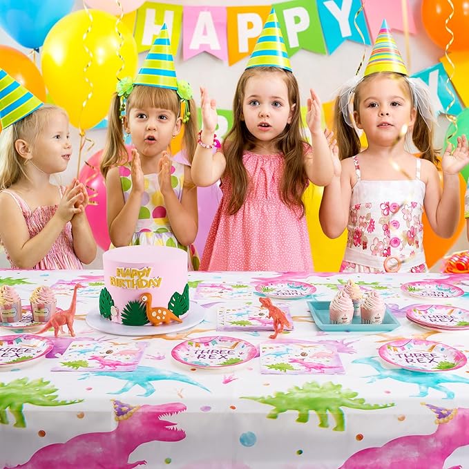 WERNNSAI Dinosaur 3rd Birthday Decorations - 33PCS Three Rex Plates Napkins Tablecloth Girl Dinosaur Party Decorations Three Rex Table Supplies for Kids Girls 3rd Birthday Party Serves 16 Guests