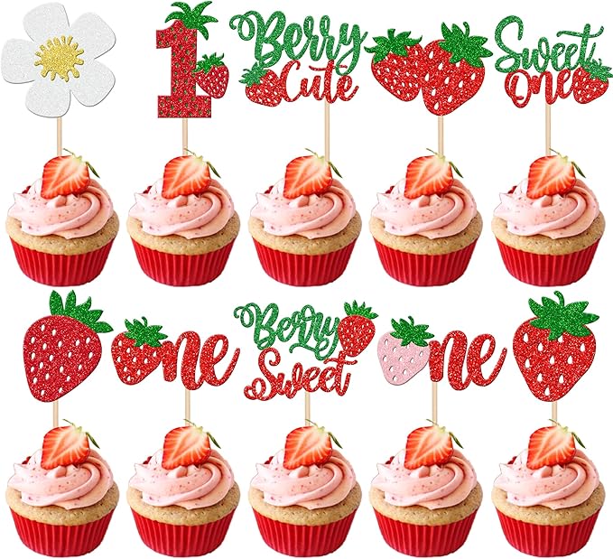 30 PCS Sweet One Strawberry Cupcake Toppers Glitter Sweet Berry 1st Birthday Cupcake Picks Strawberry Birthday Decorations for Baby Shower Kids First Birthday Party Cake Decorations Supplies Colorful