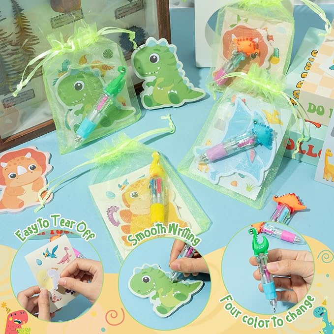 CY2SIDE Dinosaur Stationery Party Gift - 24 Pack Spring Stuffers Prizes with Dino 4-in-1 Ballpoint Pens Sticky Notes Stickers and Organza Animal Party Favors Goodie Bag Fillers for School Rewards