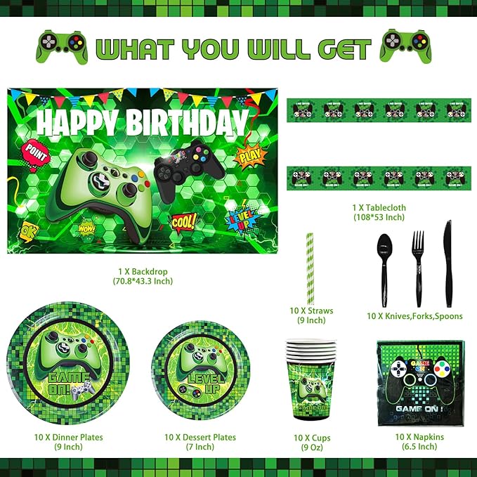 Green Gamer Birthday Party Decoration - 217Pcs Video Game Gaming Party Supplies For Boys Birthday Party - Backdrop, Table Cover, Plates, Cups, Napkins, Utensils, Hanging Swirls, Cupcake Topper, Cake