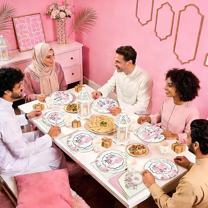 168Pcs Eid Ramadan Decorations Pink Watercolor Flower Lantern Moon Plates and Napkins Cups Forks Islamic Mubarak Decor Tableware Sets for Islamic Muslim Ramadan Mubarak Home Party Supplies Serves 24