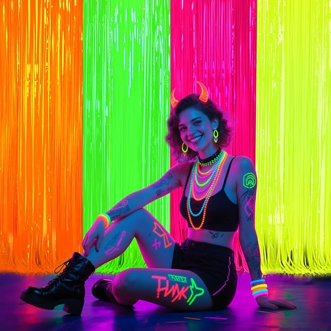 ADLKGG Glow in The Dark Party Supplies, 4Pcs 3.3x6.6 Feet Neon Party Decorations, Fluorescent Green Orange Yellow Fuchsia Foil Fringe Curtains Backdrop for Birthday Halloween Pool Photo Booth Prop