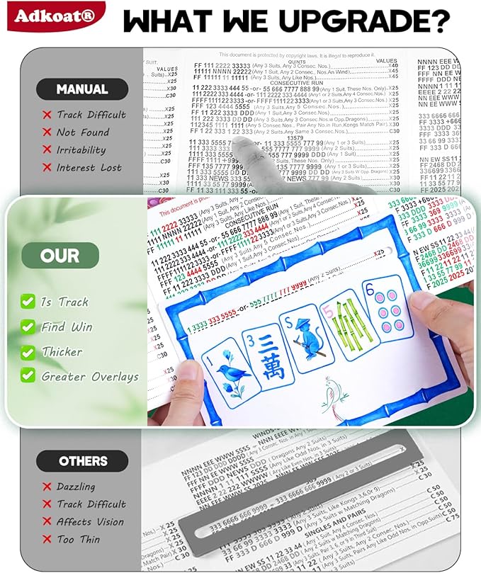 Adkoat® 4PCS Mahjong Line Finder - Large Overlays & Thickened Mah Jong Card Line Reader Tracker - Warterproof & Portable Guided Ruler Marker Reading Tool - Mah Jongg Accessories and Gifts for Beginner