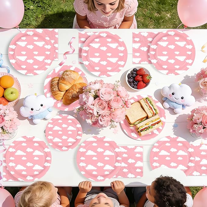 96 Pcs Pink Sky White Clouds Party Supplies Cartoon Story Plates and Napkins Disposable Clouds Theme Tableware Set for Girls Birthday Baby Shower Party Decorations Serves 24