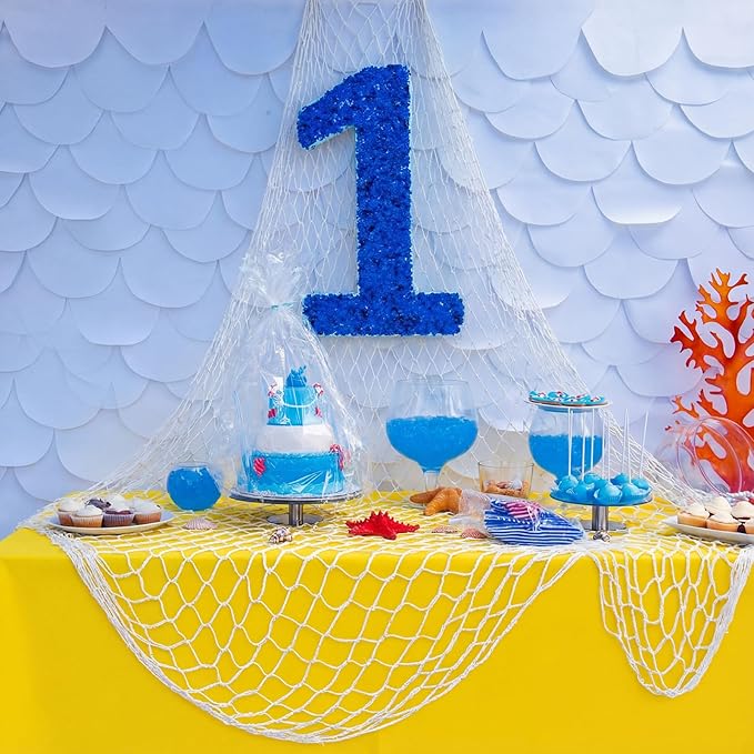 Unittype Fish Net Decorative and Tablecloth Set, Cotton Fishnet and Plastic Table Cover Decorations Set for Nautical Themed Party Baby Shower Pirate Decorations Mermaid Party