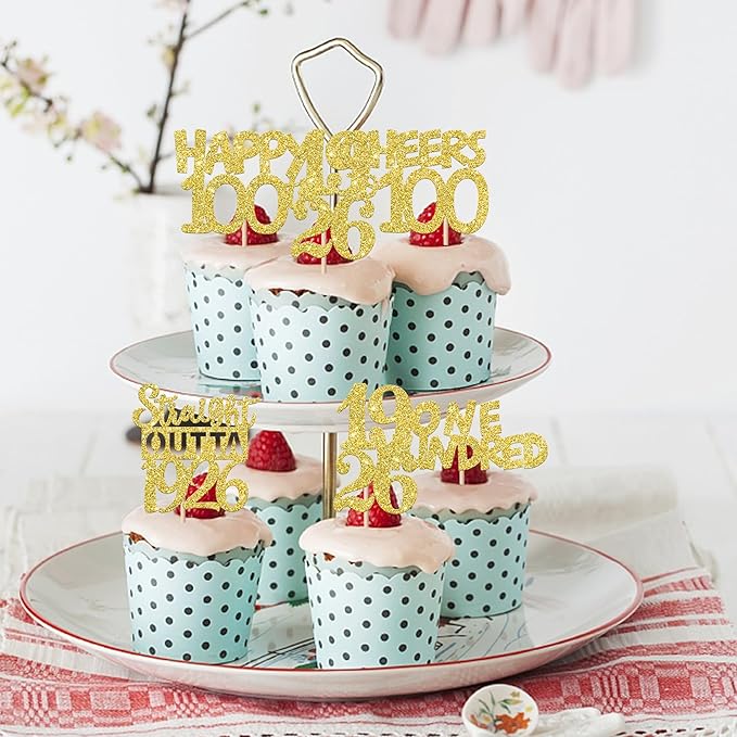 30PCS Happy 100th Birthday Cupcake Toppers Gold Glitter One Hundred Years Straight Outta 1926 Cupcake Picks 100 Fabulous Cake Decorations for 100th Birthday Anniversary Party Decoration Supplies